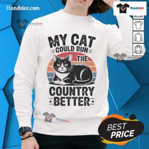 Funny political sweatshirt featuring a cat with the phrase 'My Cat Could Run the Country Better' against a sunset background.