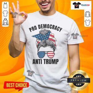 Hot Pro Democracy Anti Trump T-Shirt with Messy Bun design and American Flag, perfect for patriots and activists.