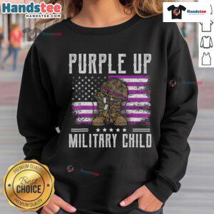 Alt Text: Hot purple sweatshirt for Military Child Month featuring a flag design, celebrating military children.