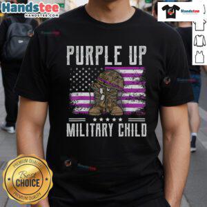 Hot Purple Up For Military Child flag t-shirt celebrating Military Child Month, showcasing pride and support for military families.