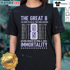 Nice Alex Ovechkin The Great 8 Ladies Tee celebrating his journey to the All-Time Goals Record in stylish design.