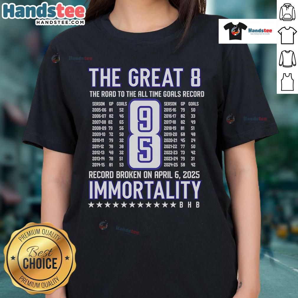 Nice Alex Ovechkin The Great 8 Ladies Tee celebrating his journey to the All-Time Goals Record in stylish design.