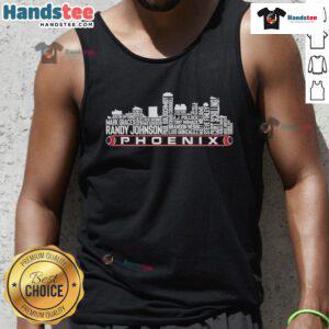 Alt Text: Nice Arizona baseball team legends wearing tank tops with Phoenix city skyline in the background.