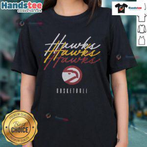 Alt Text: Stylish Atlanta Hawks Hardwood Classics Triple Stack Ladies Tee featuring team colors and logo for fans.