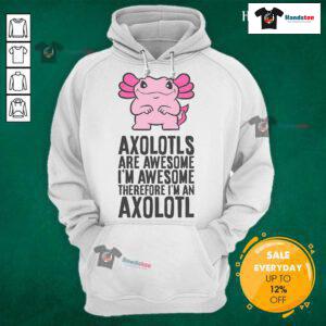 Colorful hoodie featuring axolotls with the phrase 'Nice Axolotls Are Awesome, I'm Awesome, Therefore I'm An Axolotl.'