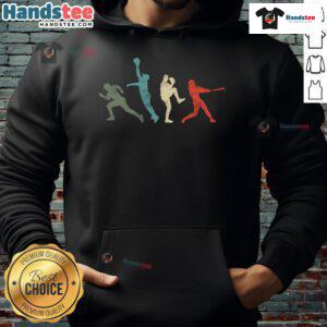 Vintage retro hoodie featuring a baseball catcher, pitcher, and batter design for nostalgic sports fans.