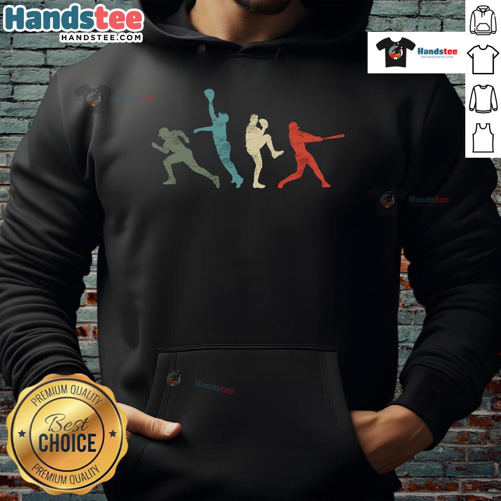 Vintage retro hoodie featuring a baseball catcher, pitcher, and batter design for nostalgic sports fans.