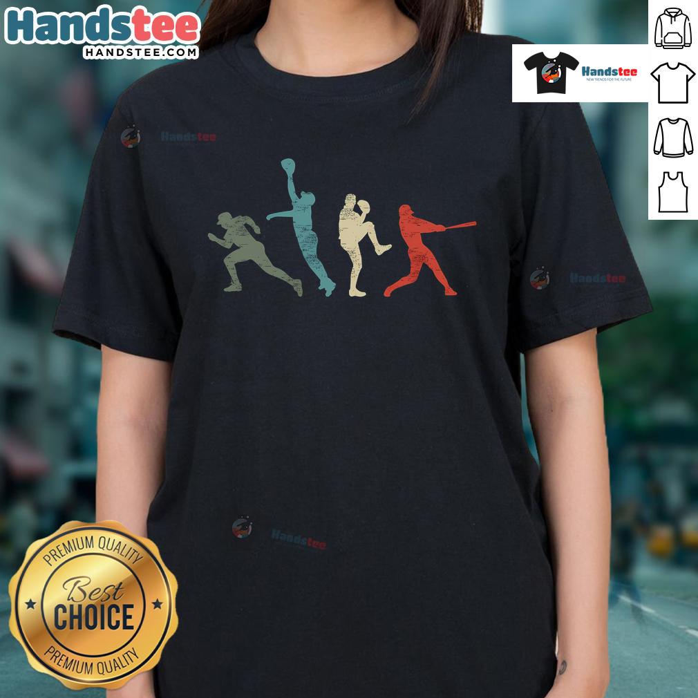 Vintage retro baseball tee featuring a catcher, pitcher, and batter design for ladies, perfect for sports enthusiasts.