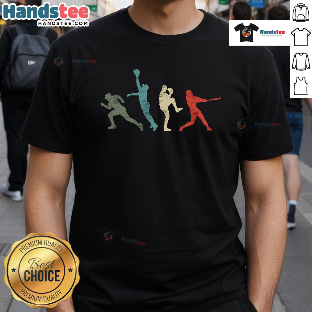 Vintage retro baseball T-shirt featuring a catcher, pitcher, and batter design, perfect for baseball enthusiasts.