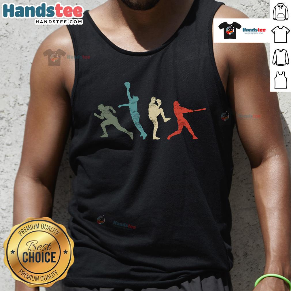 Vintage retro baseball tank top featuring a catcher, pitcher, and batter design for sports enthusiasts.