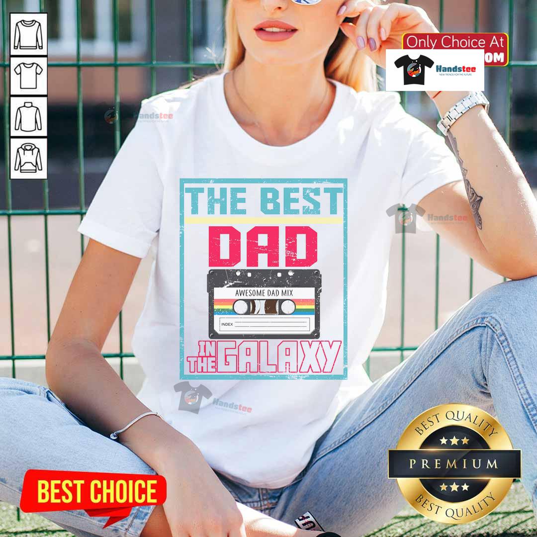 Nice Best Dad in the Galaxy cassette mix tape ladies tee featuring a fun retro design for awesome dads.