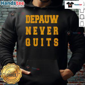 Nice DePauw Never Quits Hoodie in navy blue, showcasing the DePauw University spirit and commitment to perseverance.
