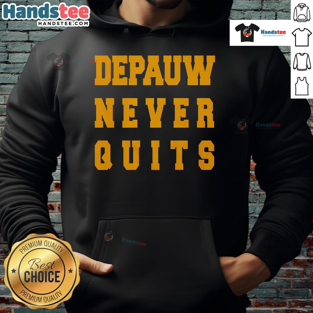 Nice DePauw Never Quits Hoodie in navy blue, showcasing the DePauw University spirit and commitment to perseverance.