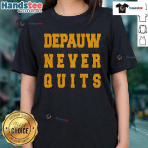 Nice DePauw Never Quits Ladies Tee in vibrant colors, perfect for showcasing school spirit and style.