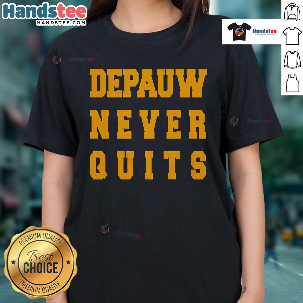 Nice DePauw Never Quits Ladies Tee in vibrant colors, perfect for showcasing school spirit and style.