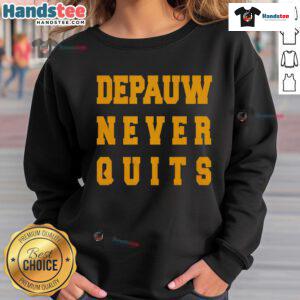 Alt Text: Nice DePauw Never Quits Sweatshirt in navy, featuring bold lettering and a comfortable fit for casual wear.