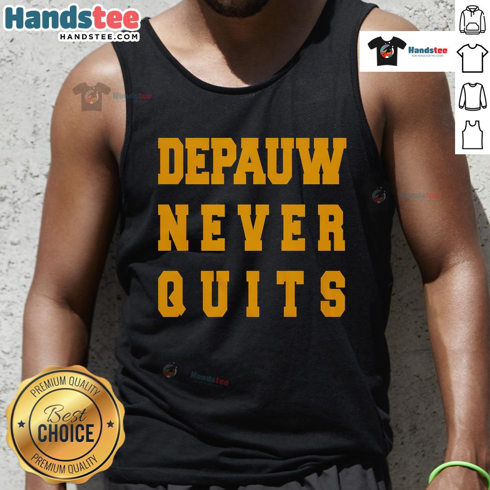 Nice DePauw Never Quits tank top in vibrant colors, perfect for showing school spirit and commitment to excellence.