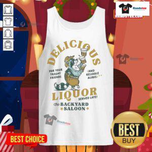 Raccoon enjoying a drink at the Backyard Saloon in a stylish tank top, showcasing a fun and lively atmosphere.