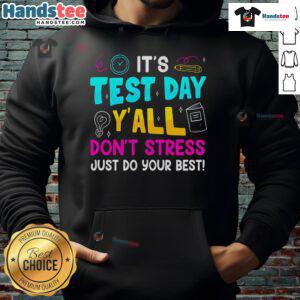 Boy wearing a hoodie with 'Don't Stress, Do Your Best' design, perfect for testing day inspiration for teachers.
