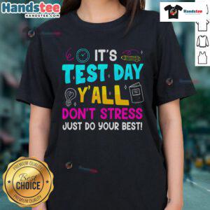 Boy wearing 'Don't Stress, Do Your Best' tee on testing day, promoting positivity for teachers and students.