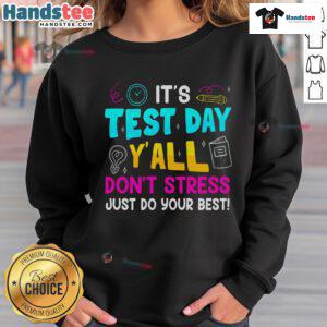 Boy wearing 'Don't Stress, Do Your Best' testing day sweatshirt, perfect for teachers and students during exams.