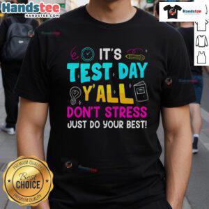 Alt Text: Boy wearing 'Don't Stress, Do Your Best' testing day t-shirt, ideal for teachers and students during exams.
