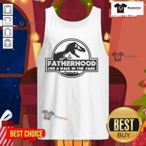 Cool dad wearing a dinosaur tank top, enjoying fatherhood like a walk in the park, showcasing fun parenting style.
