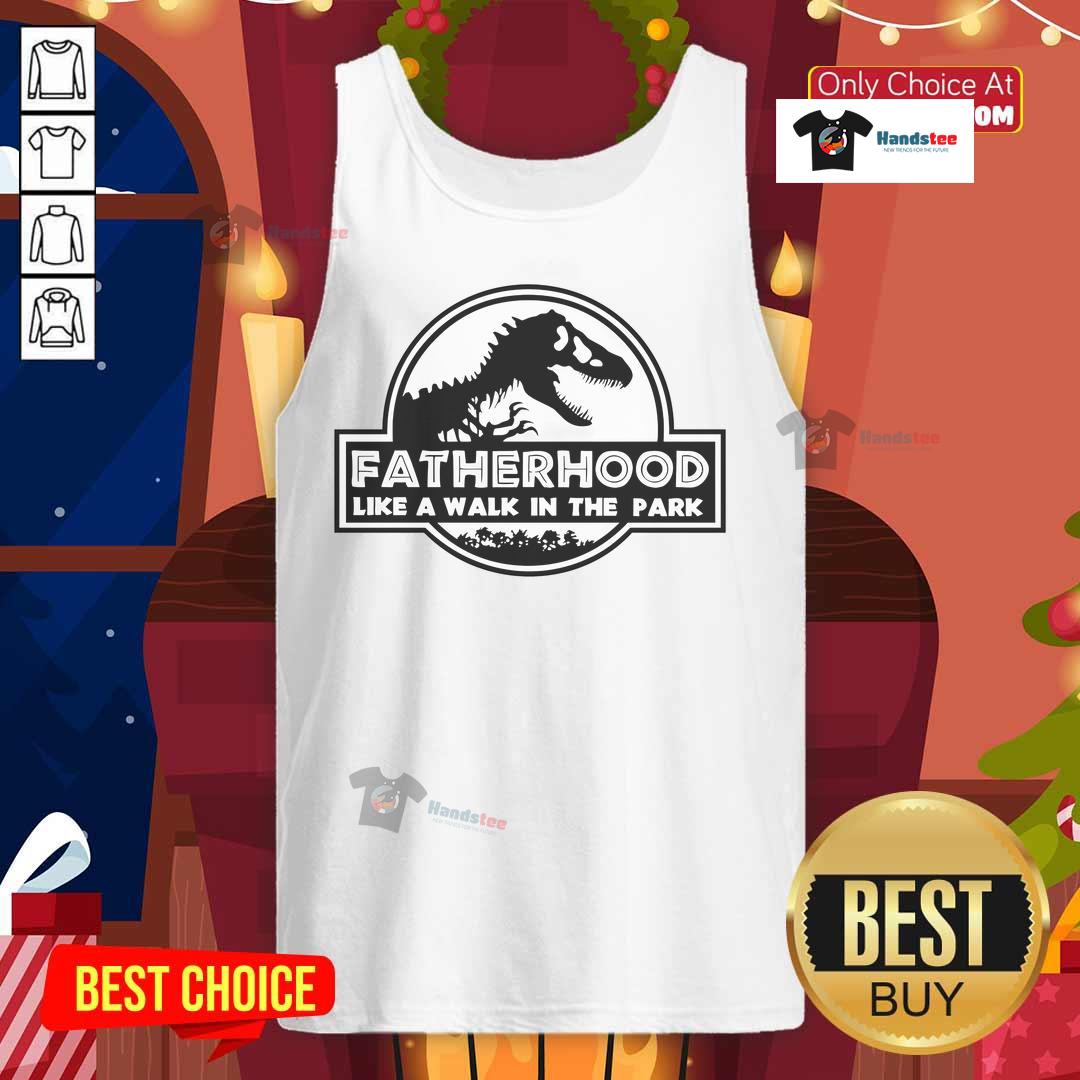 Cool dad wearing a dinosaur tank top, enjoying fatherhood like a walk in the park, showcasing fun parenting style.