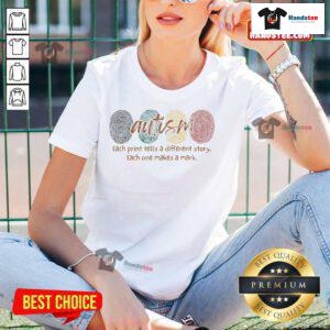 Nice Fingerprint Autism Ladies Tee showcasing unique designs, celebrating individuality and the stories behind each print.