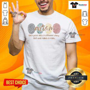 Nice Fingerprint Autism T-Shirt featuring unique fingerprint designs, each telling a different story of autism awareness.