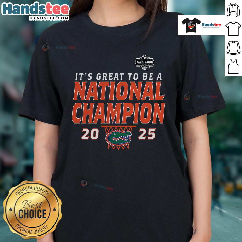 Nice Florida Gators 2025 NCAA Men's Basketball National Champions Post-Move Ladies Tee displayed on a hanger.