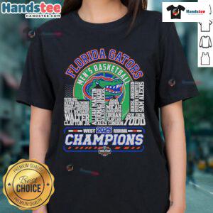 Alt Text: 2025 Florida Gators Men's Basketball West Regional Champions ladies tee featuring team logo and vibrant design.