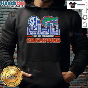 2025 SEC Men's Basketball Tournament Champions hoodie featuring Florida Gators name and skyline design.