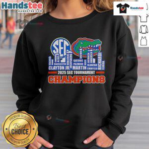 Alt Text: 2025 SEC Men's Basketball Tournament Champions sweatshirt featuring Florida Gators skyline design.