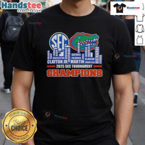 Florida Gators name skyline T-shirt celebrating 2025 SEC Men's Basketball Tournament Champions in vibrant colors.