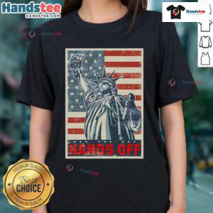 Womens tee featuring 'Hands Off Social Security' slogan, promoting resistance to protect democracy and social programs.