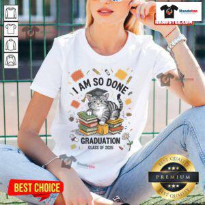 Graduation Cat Class of 2025 Ladies Tee featuring a playful cat design expressing graduation excitement.