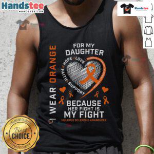 Alt Text: Woman wearing 'I Wear Orange For My Daughter' tank top for Multiple Sclerosis Awareness, showcasing support and style.
