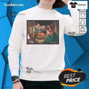 Nice Lofi Girl bed study scene with Myrtle Broadway subway stop sweatshirt design, perfect for cozy vibes.