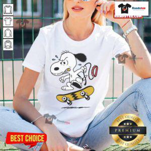 Alt Text: Cute Snoopy skateboarding graphic on a yellow ladies tee with lightning design - perfect for casual wear.