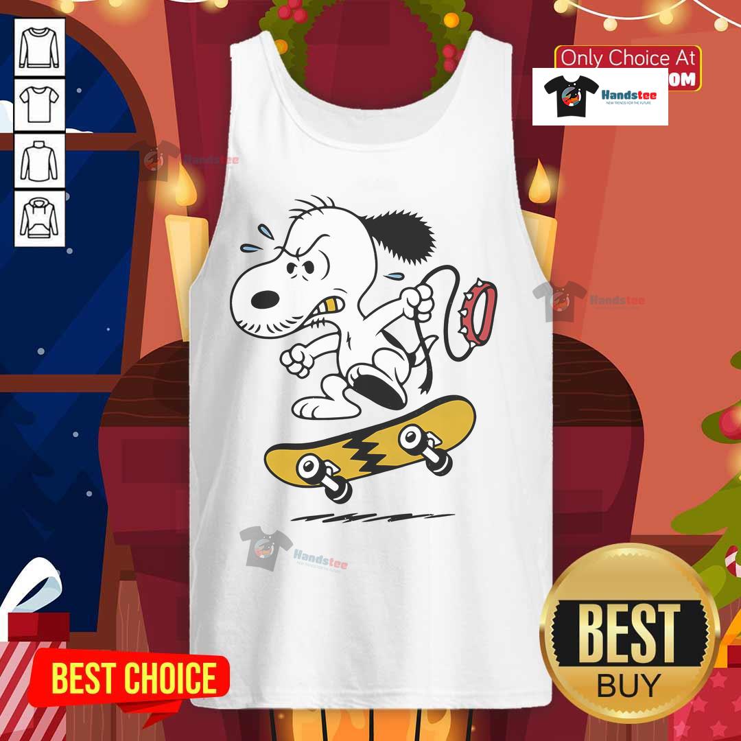 Cartoon tank top featuring Snoopy skateboarding with a yellow lightning design, perfect for casual wear.