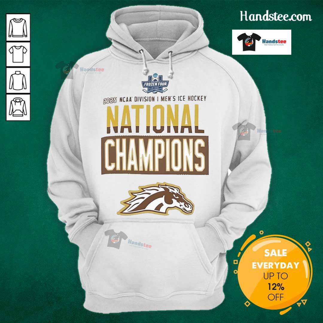 Alt Text: Official Champion Western Michigan Broncos grey hoodie celebrating 2025 National Men's Hockey Champions in locker room.