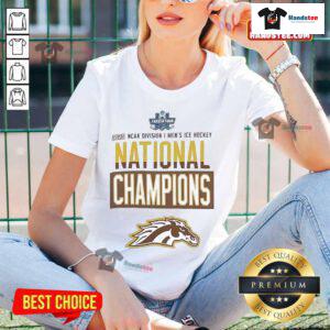 Alt Text: Official Champion Western Michigan Broncos Grey 2025 National Men's Hockey Champions Locker Room Ladies Tee