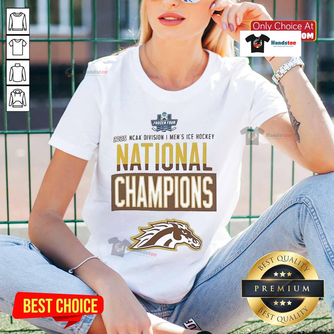 Alt Text: Official Champion Western Michigan Broncos Grey 2025 National Men's Hockey Champions Locker Room Ladies Tee
