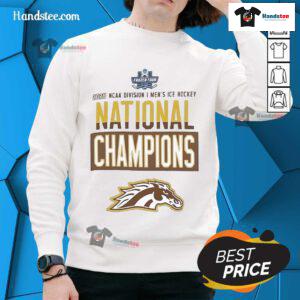 Official Champion Western Michigan Broncos grey sweatshirt for 2025 National Men's Hockey Champions locker room.