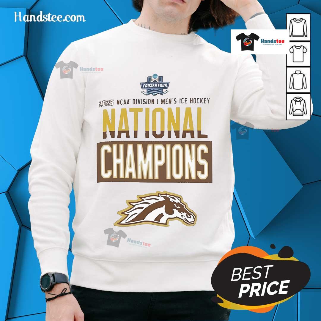 Official Champion Western Michigan Broncos grey sweatshirt for 2025 National Men's Hockey Champions locker room.