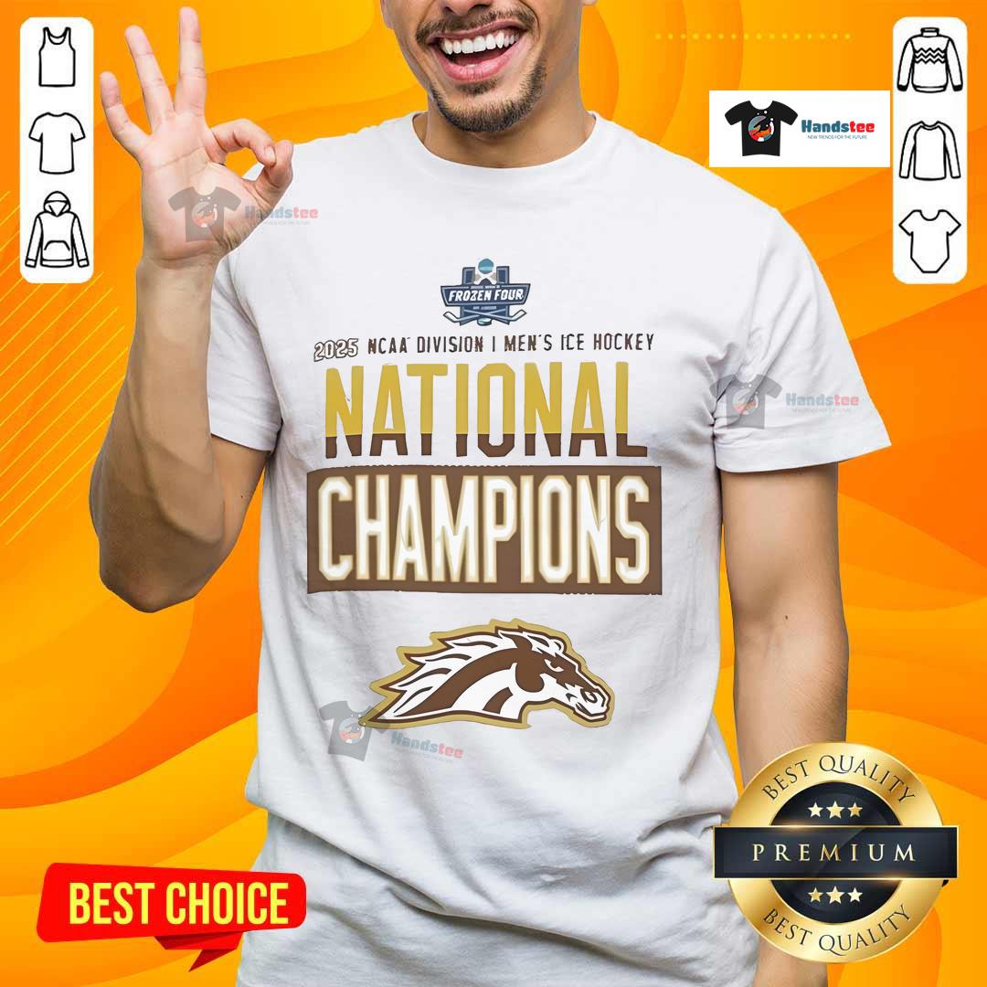 Alt Text: Official Champion Western Michigan Broncos Grey 2025 National Men's Hockey Champions T-Shirt displayed in locker room.