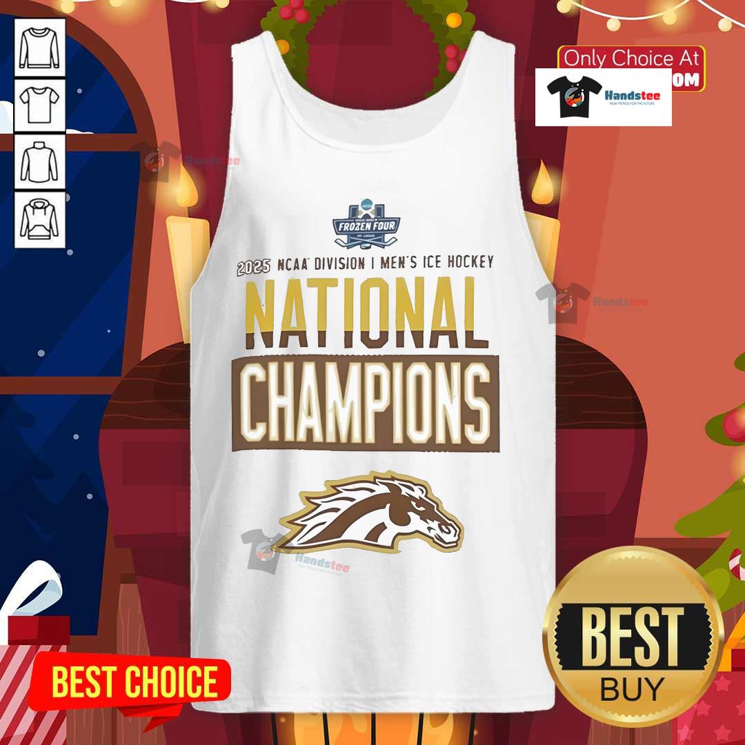 Official Champion Western Michigan Broncos grey tank top celebrating 2025 National Men's Hockey Champions locker room style.