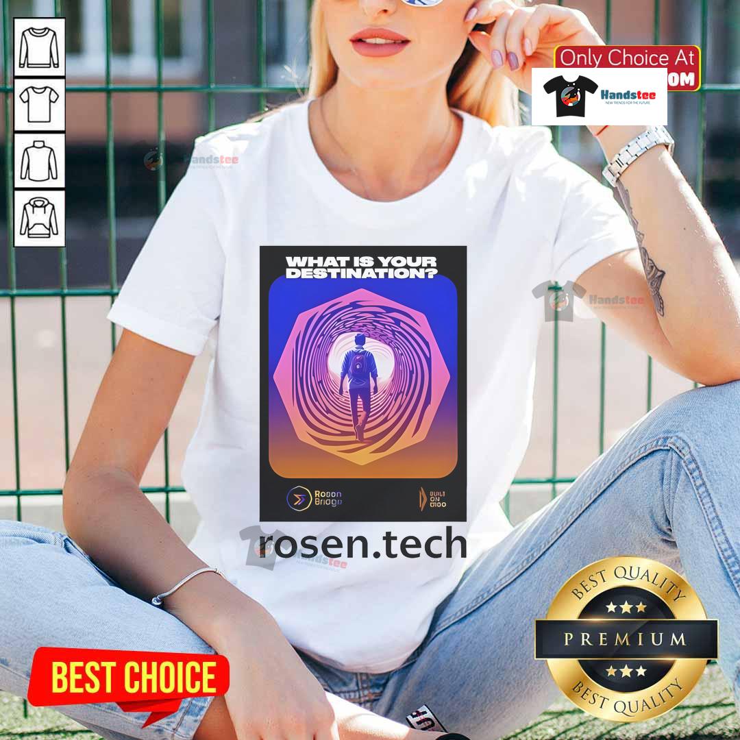 Official Daniel Friedman 'What Is Your Destination' tee for women from Rosen Tech, featuring a stylish design.