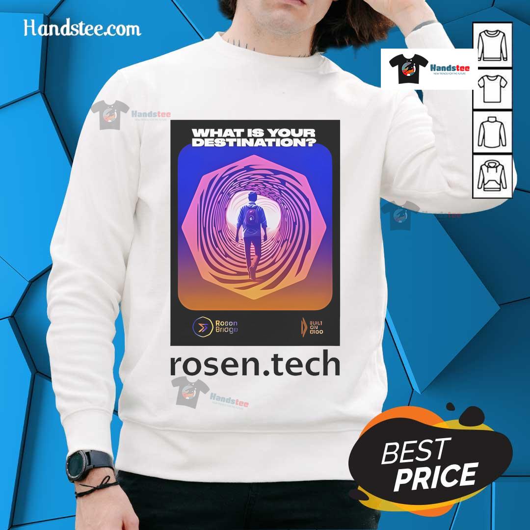 Official Daniel Friedman 'What Is Your Destination' Rosen Tech sweatshirt featuring a stylish design for tech enthusiasts.